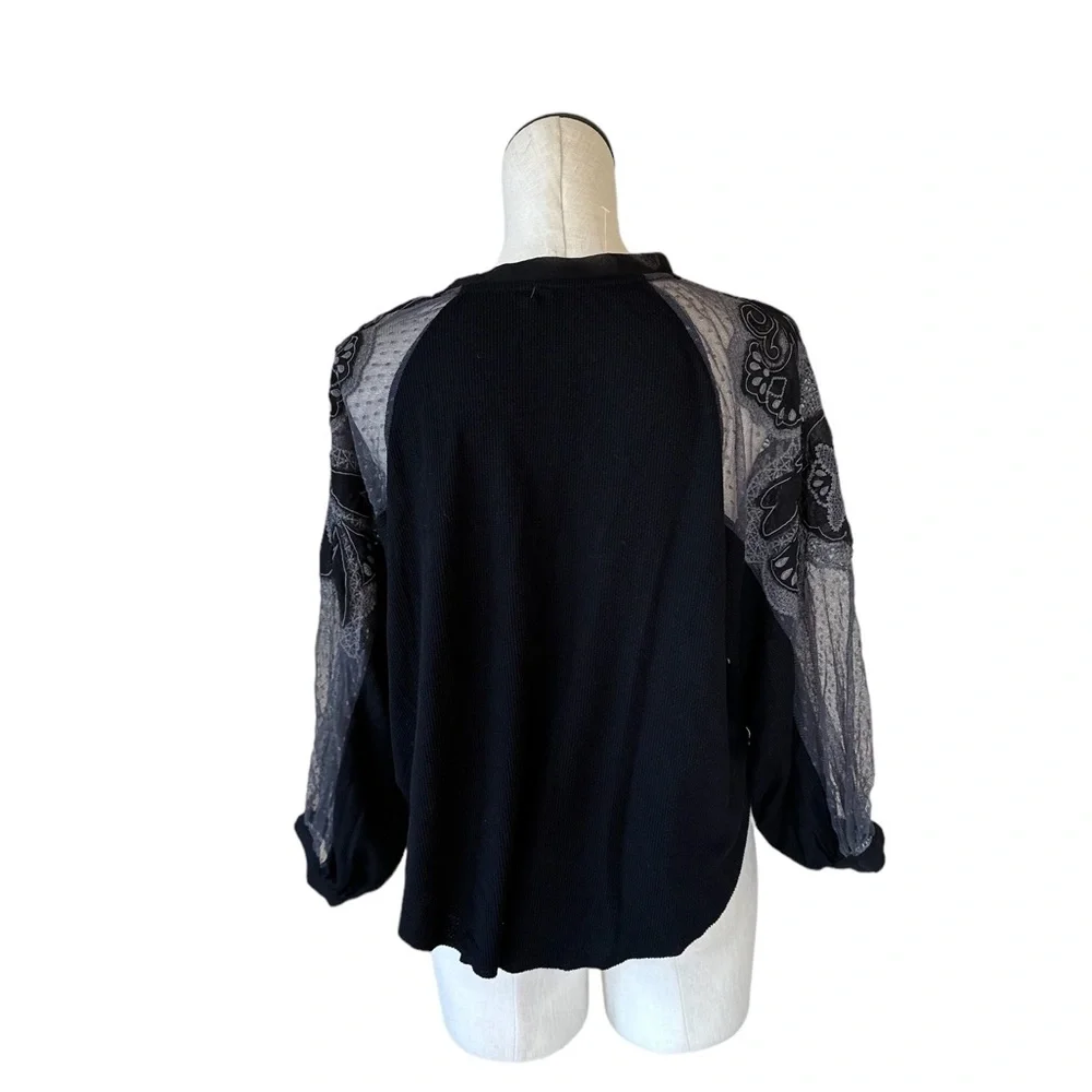 NEW Free People Toni Blouse  Black Mesh  Lace Trim Super Oversized